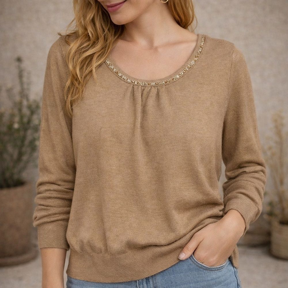 Jaclyn Smith Tan Neutral Embellished Beaded Sweater Women'Long Sleeve Top Large